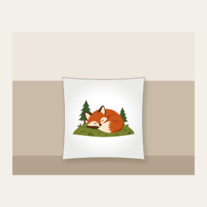 Sleeping Fox on the Hill Pillow in white: A rust-colored fox curled asleep on a green hill with two tiny pines.