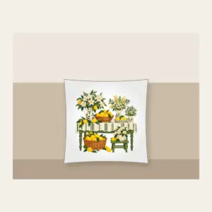 Lemon and Flower Market Stall Pillow in white: A market table piled with lemons and blossoms in lemon yellow, cream and green.