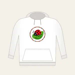 Ladybug on a Leaf Hoodie in white: A cheerful ladybug rests on a green leaf inside a polka-dot border in red, black and green.