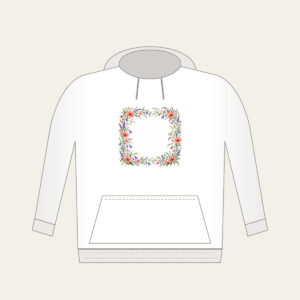 Roadside Wildflower Border Hoodie in white: A loose border of coral, violet and green wildflowers and grasses along the edges, leaving the center open.
