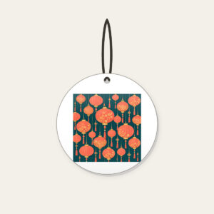Coral and Gold Paper Lantern Night Ceramic Ornament in white: Paper lanterns in coral and gold with fine strings across deep teal.