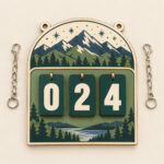 Green and slate mountain bookshelf tracker sign with three number cards displaying 024 and two hanging chains.
