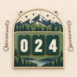 Green and slate mountain bookshelf tracker sign with three number cards displaying 024 and two hanging chains.
