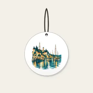 Harbour Lanterns and Masts Ceramic Ornament in white: Harbour lanterns, masts and ripples in teal, amber and cream.