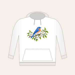 Bluebird on Blossoming Branch Hoodie in white: A bluebird perches on a blossoming branch in blue, white and green.