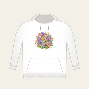 Tulip and Hyacinth Beds Hoodie in white: Painterly flower beds of tulips and hyacinths in coral, violet and green on pale cream.