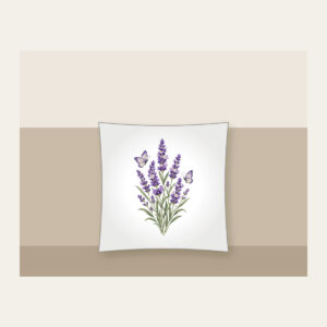 Lavender Stems and Two Butterflies Pillow in white: Tall lavender stems rise beside two small butterflies in violet, cream and sage.