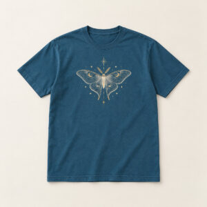 Antique Sapphire Moth Study Tee with compact front chest panel print of a symmetrical moth with fine vein lines and tiny stars in ivory and pale gold