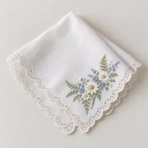 Lacework Embroidered Handkerchief with corner bouquet of daisies and ferns in pale blue, sage and white with a scalloped lace border