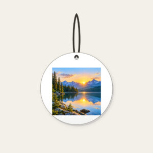 Quiet Lake at Sunrise with Pines Ceramic Ornament in white: A calm lake at sunrise with a pine shoreline, edged by a thin white border.