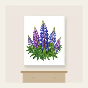 Wild Lupine Meadow Spires Canvas Print in white: Tall wild lupine flowers in violet and blue with green leaves.