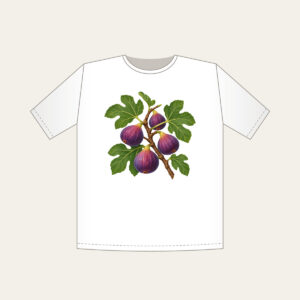 Fig Branch with Plump Purple Figs T-Shirt in white: A fig branch carrying plump purple figs and broad green leaves on a cream ground.