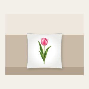 Single Pink Tulip with Long Leaves Pillow in white: A single tall tulip with long leaves in pink and green.
