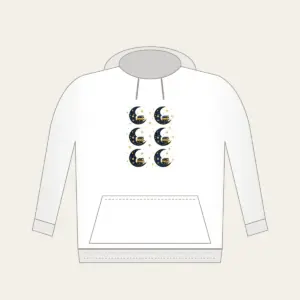 Crescent Moon with a Stack of Books Hoodie in white: A crescent moon holds a small stack of books among tiny stars in navy and gold.