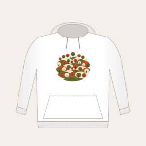Rolling Orchard Hills Hoodie in white: Rows of round trees on hills in olive, rust and cream.