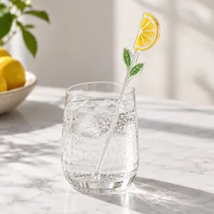 Acrylic drink stirrer topped with a lemon slice design