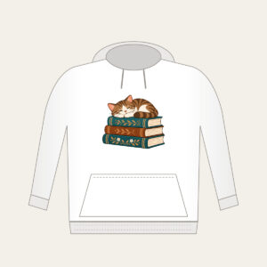 Cat Napping on Three Books Hoodie in white: A cat curled up asleep on a stack of three books, in warm brown and teal.