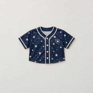 Youth Crop Baseball Jersey with Star Dots with all-over star dots in navy and cream with a small crest
