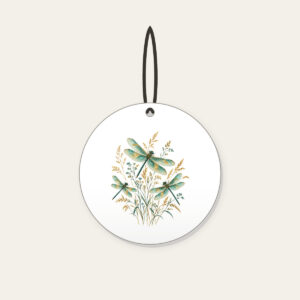 Dragonflies over Meadow Grasses Ceramic Ornament in white: Teal and gold dragonflies hover over fine meadow grasses.