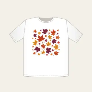 Falling Maple Leaves in Rust and Plum T-Shirt in white: Maple leaves in rust, gold and plum drift across the artwork in an all-over scatter.