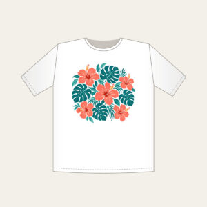 Coral Hibiscus and Monstera Leaves T-Shirt in white: Coral hibiscus flowers and teal monstera leaves repeat across a cream ground.