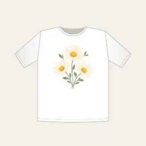 Three Daisies in Butter Yellow T-Shirt in white: Three daisies with tiny leaves in cream, butter yellow and sage.