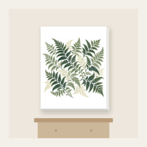 Fern Lattice Canvas Print in white: Fern fronds interlaced into a lattice in sage, forest green and cream.