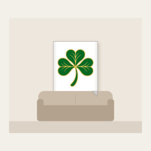 Gold-Edged Clover Leaf Fleece Blanket in white: A flat clover leaf in green and gold sits inside a thin border line.