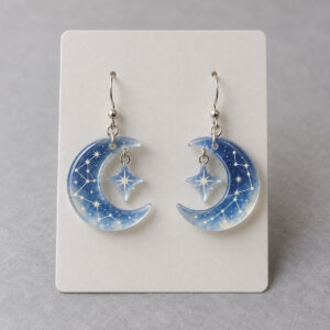 Pair of acrylic drop earrings in crescent and star shapes with constellation lines