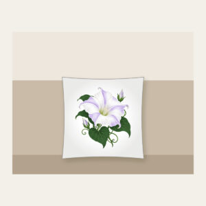Moonflower on Deep Green Pillow in white: One large moonflower in white and lavender glows against a deep green ground.