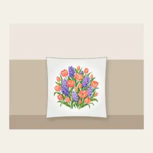 Tulip and Hyacinth Beds Pillow in white: Painterly flower beds of tulips and hyacinths in coral, violet and green on pale cream.