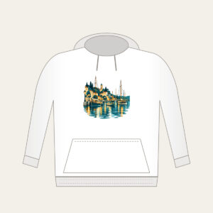 Harbour Lanterns and Masts Hoodie in white: Harbour lanterns, masts and ripples in teal, amber and cream.
