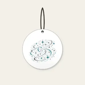 Charcoal Night Trail of Stars and Paths Ceramic Ornament in white: An all-over pattern of stars and path lines in charcoal, silver and teal.