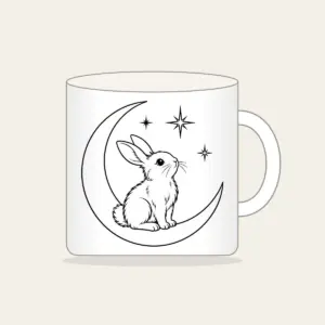 Line-Art Rabbit on a Crescent Moon Mug in white: A white line-art rabbit sitting on a crescent moon with three stars.