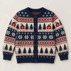 Youth knitted cardigan printed with fair-isle cabins, pines and stars