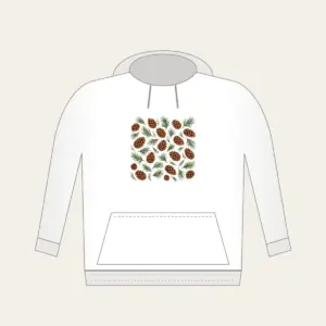 Scattered Pine Cones and Needles Hoodie in white: Pine cones and needles scatter in brown and green.