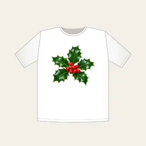 Holly Sprig with Red Berries T-Shirt in white: A holly sprig with glossy leaves and bright red berries stands out on a deep green background.
