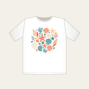 Scattered Shells and Starfish on Sand T-Shirt in white: Coral, cream and teal shells and starfish are tossed across a pale sand background.
