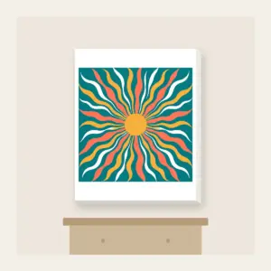 Sunrise Lines in Coral and Gold on Teal Canvas Print in white: All-over sunrise lines in coral, gold and white on a teal ground.
