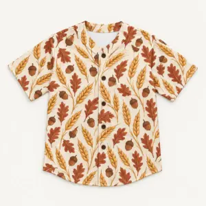 Harvest League Baseball Jersey with all-over repeat of wheat stalks and acorns in rust, mustard and cream with a plain collar band