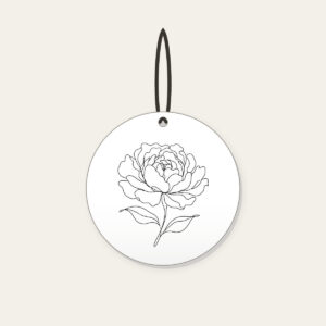 Peony in One Line Ceramic Ornament in white: A single peony drawn in one continuous black line with two leaves.