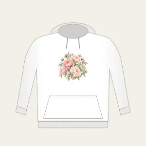 Blush Peony Gradient Hoodie in white: All-over peonies drift across a gradient from blush to sage, joined by fine leaf lines.