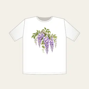 Drooping Wisteria Clusters on Cream T-Shirt in white: Drooping wisteria clusters in lilac and violet with green leaves on a cream base.
