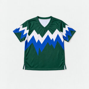 Zigzag Peak Youth V-Neck Jersey with zigzag mountain peaks in cobalt and white over a deep green base