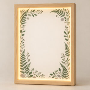 Terrarium Photo Frame Light Box with a printed border of succulents, ferns and tiny stones in green and warm grey around an empty photo area