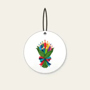 Pencil Bouquet Ceramic Ornament in white: Colored pencils gathered like a bouquet in a green leaf wrapping with a red, teal and navy ribbon.