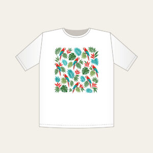 Parrots and Palm Leaves Repeat T-Shirt in white: Small parrots and palm leaves repeat in red, turquoise and green on cream.