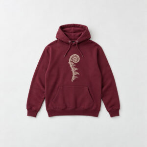 Fiddlehead Spiral Hoodie with chest print of a single fiddlehead fern unrolling in cream line art