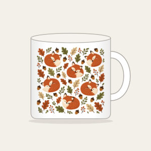 Curled Foxes, Acorns and Leaves Mug in white: Curled-up foxes, acorns and leaves repeat in rust, cream and moss.