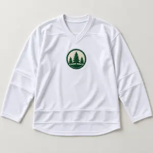 Embroidered Pine Crest Hockey Jersey with compact embroidered circular crest with a pine silhouette at the chest in green and cream thread